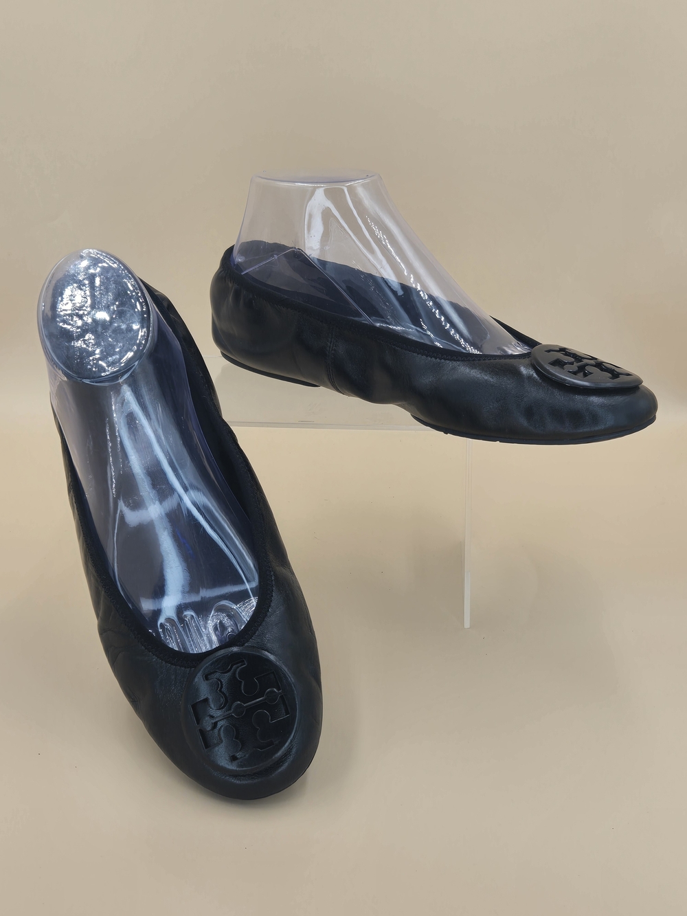 Tory Burch Reva Black Soft Leather Travel Ballet Logo Flats Women's Size 9